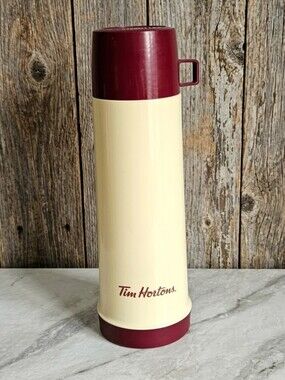 Vintage Tim Hortons Cream & Maroon Glass Lined Thermos 32oz Made In Canada